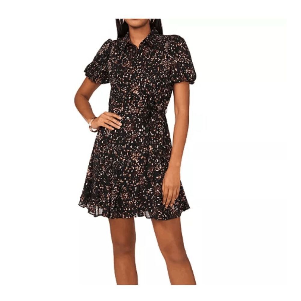 MSK Printed Short-Sleeve Chiffon Shirtdress Self-tie Belt V Neck Collared Medium